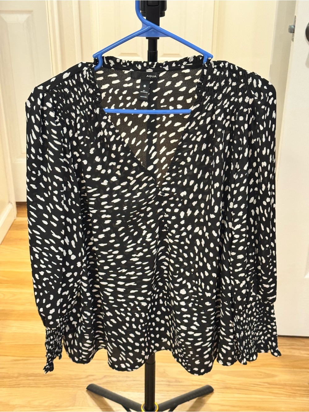 Aqua Black & White Dot-Print V-Neck Blouse